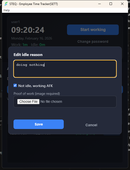 Idle reason dialog