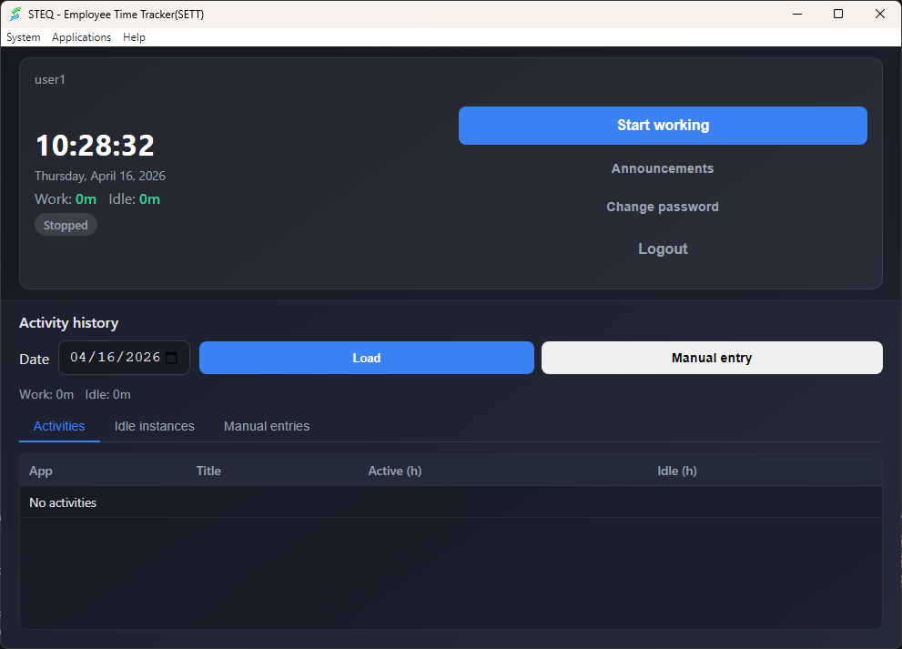 SETT dashboard with Start/Stop working
