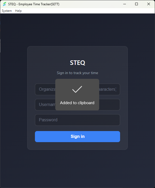 SETT sign-in screen